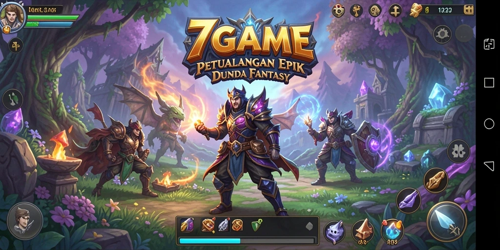 Screenshot utama dari 7GAME menunjukkan aksi pertarungan epik dalam dunia fantasi.
