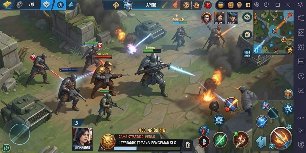 Screenshot menunjukkan strategi pertempuran intens dan pembangunan kerajaan dalam API88.