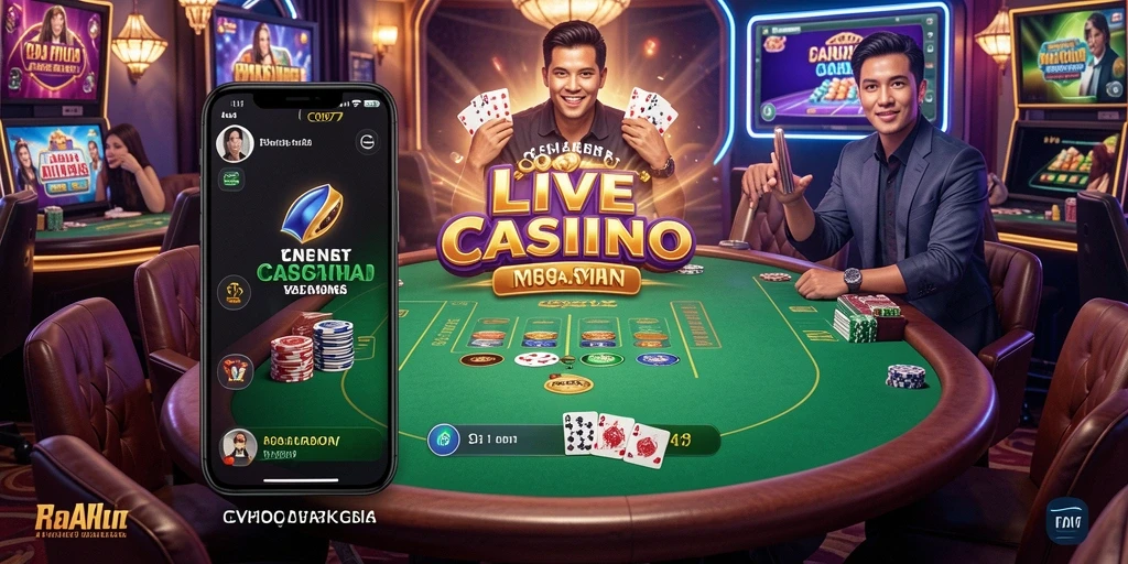 Screenshot utama C0077 menampilkan dealer langsung dan interaksi pemain.