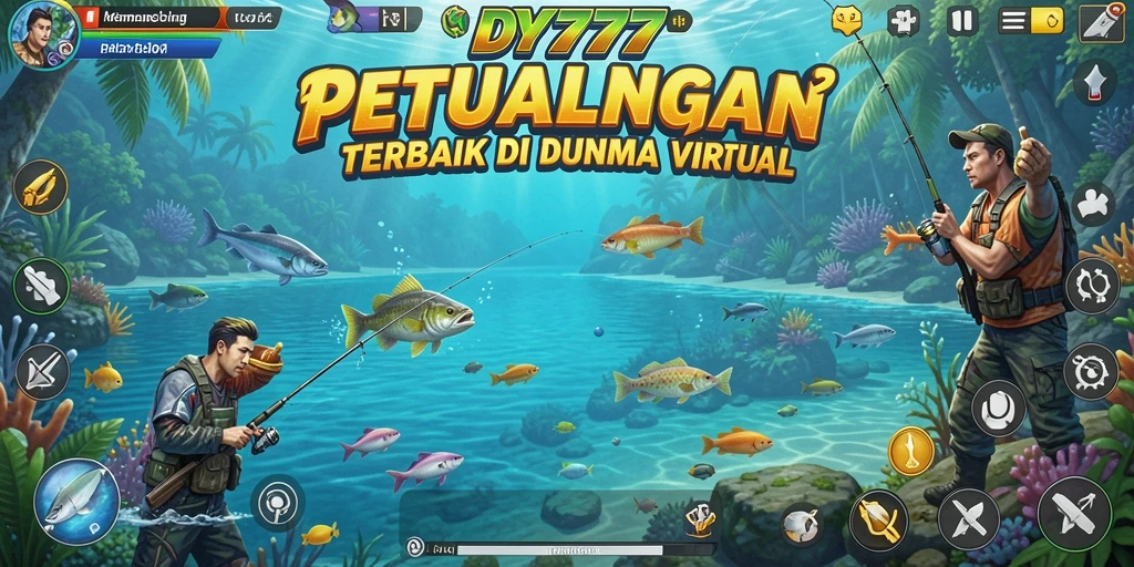 Screenshot utama DY777 menampilkan aksi mendebarkan saat memancing berbagai jenis ikan.