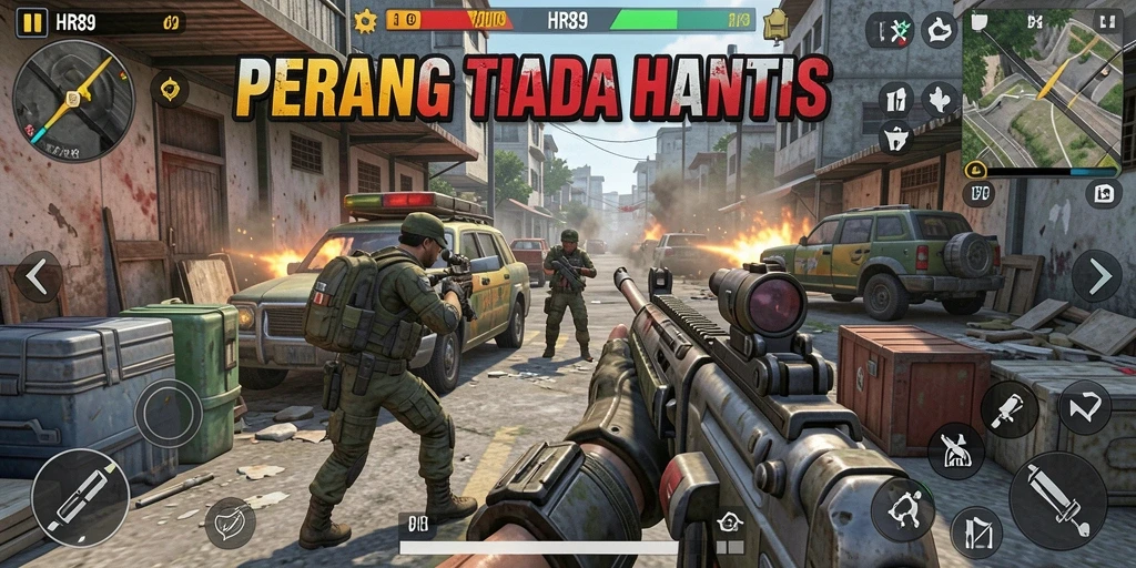 Tangkapan layar utama HR89 menampilkan aksi perang intens di dalam game TPS.