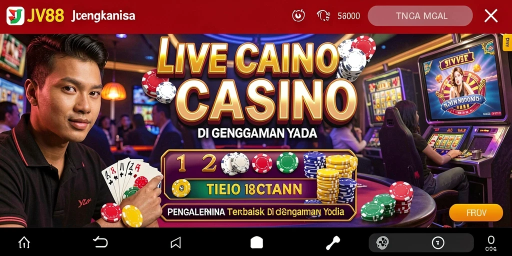 Screenshot JV88 menunjukkan dealer profesional dan suasana kasino yang menarik.