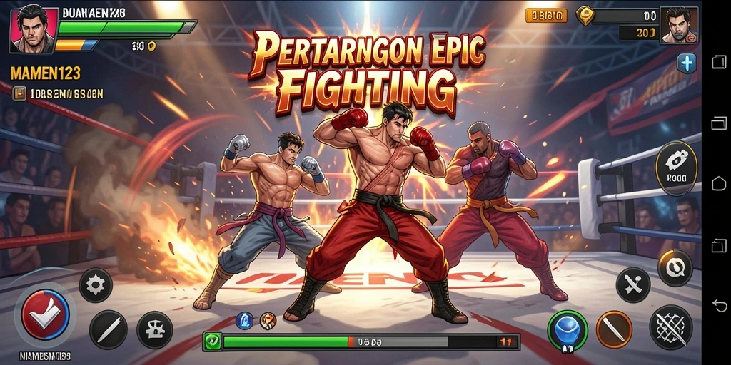 Screenshot gameplay MAMEN123 dengan pertarungan seru antara karakter.