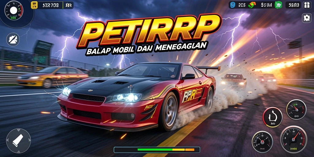 Screenshot utama PETIRRP menampilkan aksi balap yang mendebarkan di trek yang menarik.