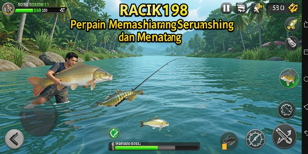 Tampilan gameplay RACIK198 dengan penggemar memancing yang antusias.